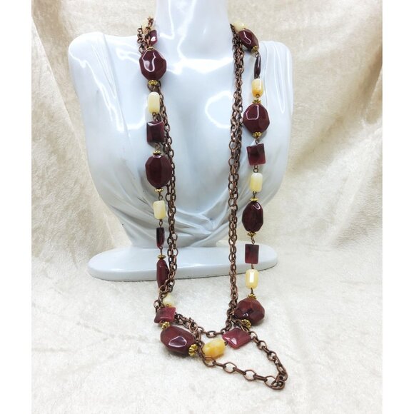 Vintage Long Brown & Yellow Beaded Necklace With Chunky Geometric Beads On Doubl - Picture 2 of 4